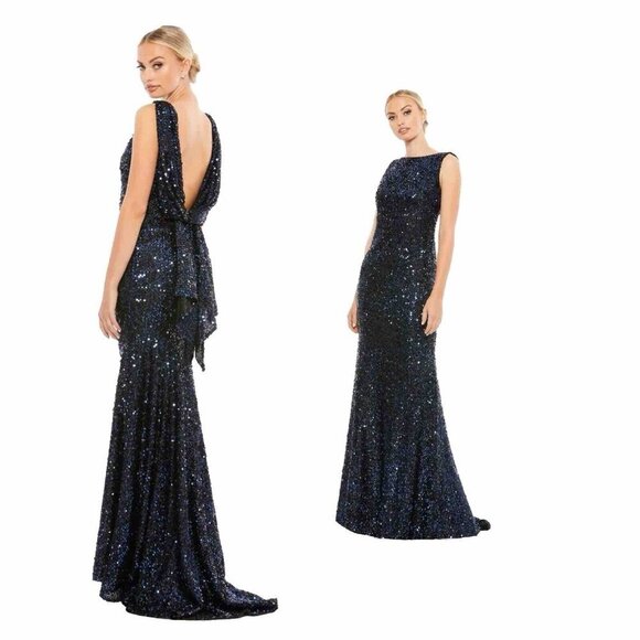 Mac Duggal Dresses & Skirts - Mac Duggal Women’s Size 4 Navy Cowl Back Boat Neck Sequined Evening Gown Dress